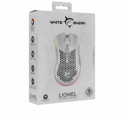 White Shark Baltas Shark Baltas Shark belaidė žaidimų pelė LIONEL, 6D, 10 000 dpi, baltos spalvos