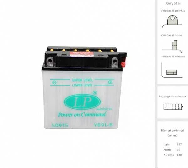 Landport DRY YB9L-B akumuliatorius su technine schema