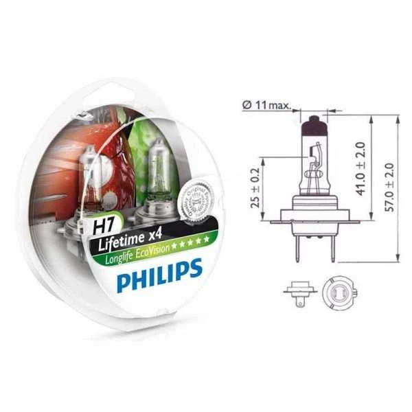 Philips H7 Longlife EcoVision pakuotė ir techninė schema