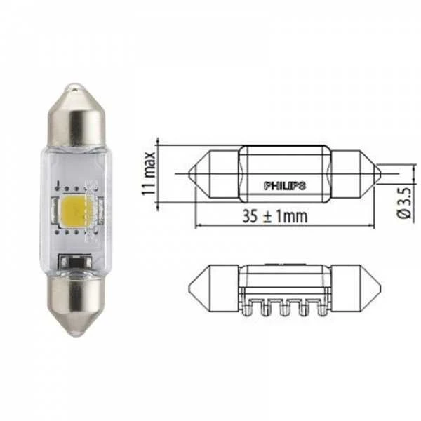 Philips C10W LED lemputė su matmenų brėžiniu