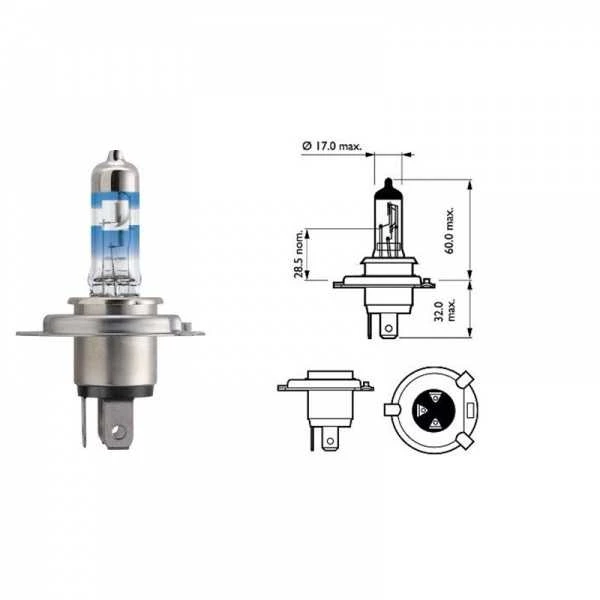 Philips H4 lemputė su matmenų schema