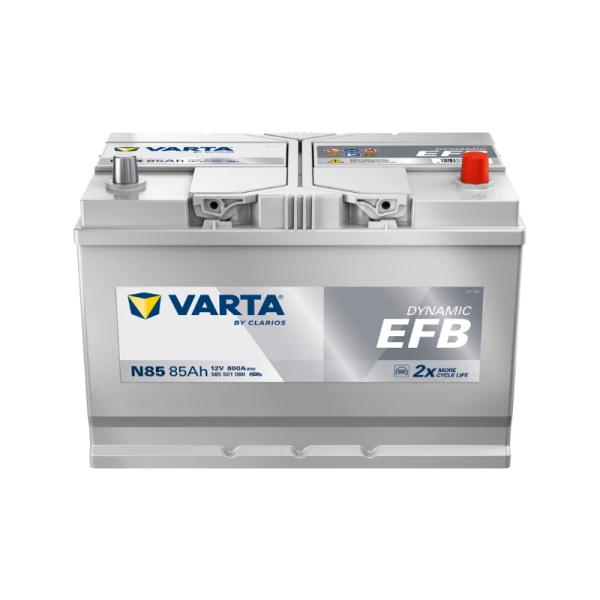 Varta EFB 85Ah akumuliatorius tiesioginis priekinis vaizdas
