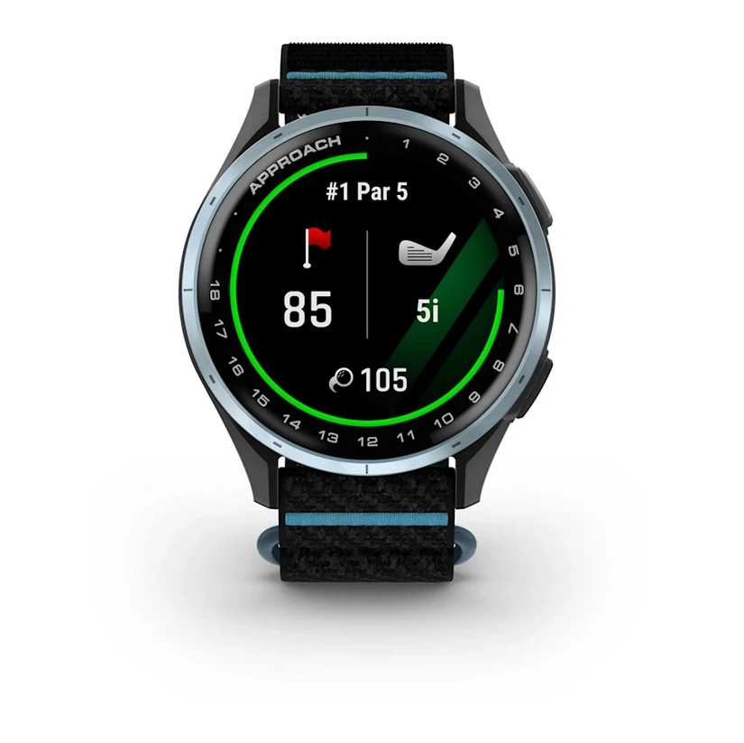 Išmanusis laikrodis Garmin Approach® J1, debesų mėlynos spalvos aliumininis korpusas su juodos / žydros spalvos „ComfortFit“ medžiaginiu dirželiu | 010-03898-00