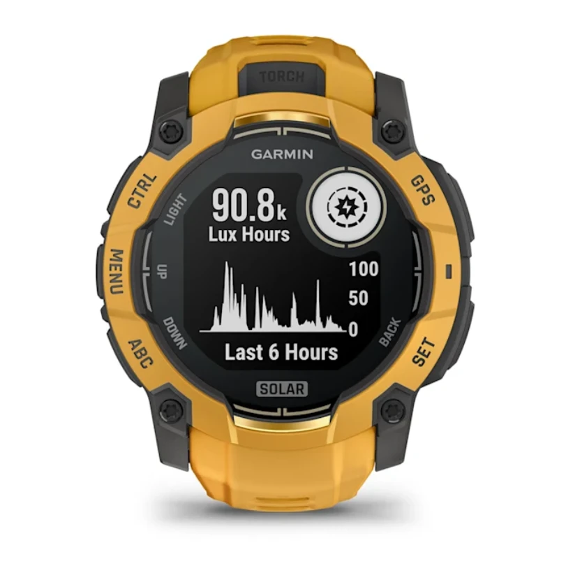 Išmanusis laikrodis Garmin Instinct 3 – 50 mm, Solar, su pilkos/geltonos spalvos silikoniniu dirželiu