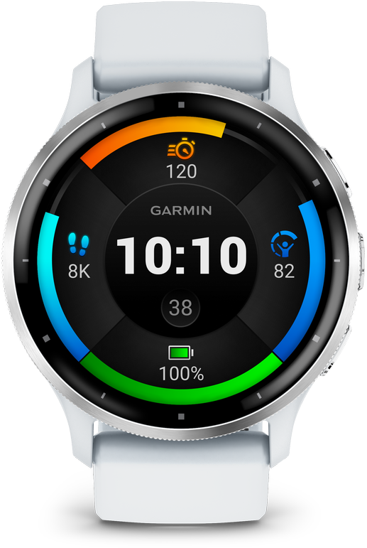 Išmanusis laikrodis Garmin Venu® 3, 45 mm, Sidabro spalvos nerūdijančiojo plieno apvadas su baltojo akmens korpusu ir silikoniniu dirželiu