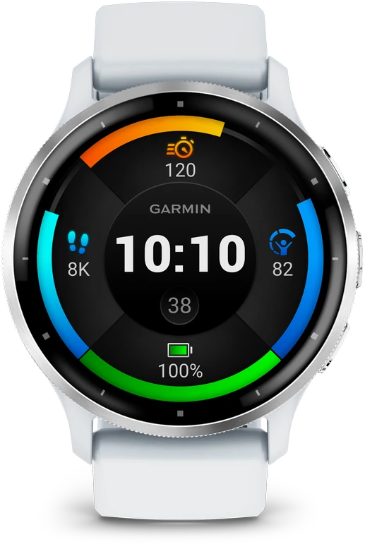 Išmanusis laikrodis Garmin Venu® 3, 45 mm, Sidabro spalvos nerūdijančiojo plieno apvadas su baltojo akmens korpusu ir silikoniniu dirželiu