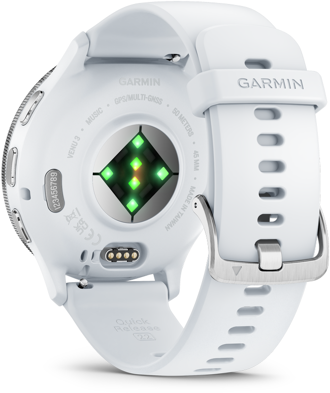 Išmanusis laikrodis Garmin Venu® 3, 45 mm, Sidabro spalvos nerūdijančiojo plieno apvadas su baltojo akmens korpusu ir silikoniniu dirželiu