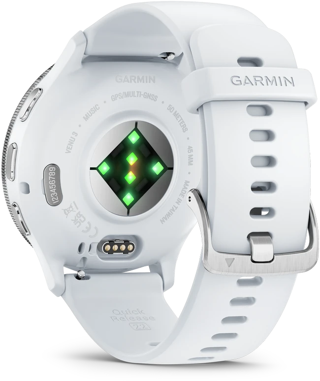 Išmanusis laikrodis Garmin Venu® 3, 45 mm, Sidabro spalvos nerūdijančiojo plieno apvadas su baltojo akmens korpusu ir silikoniniu dirželiu