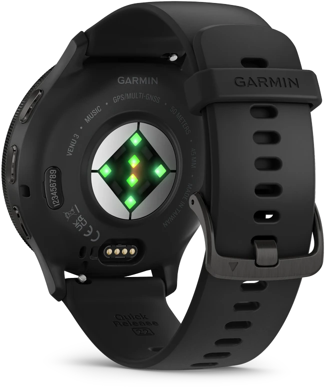 Išmanusis laikrodis Garmin Venu® 3, 45 mm, Skalūno spalvos nerūdijančiojo plieno apvadas, su juodu korpusu ir silikoniniu dirželiu