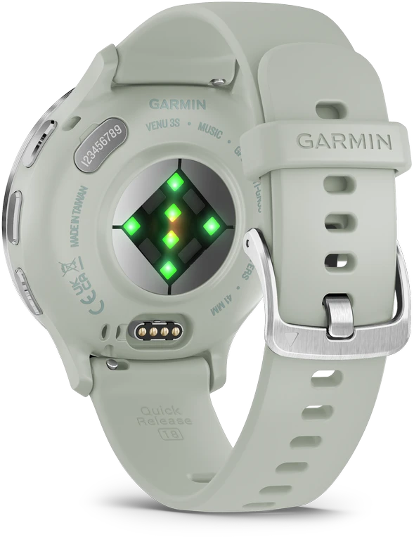 Išmanusis laikrodis Garmin Venu® 3S, Sidabro spalvos nerūdijančiojo plieno apvadas, su žaliai pilkos spalvos korpusu ir silikoniniu dirželiu