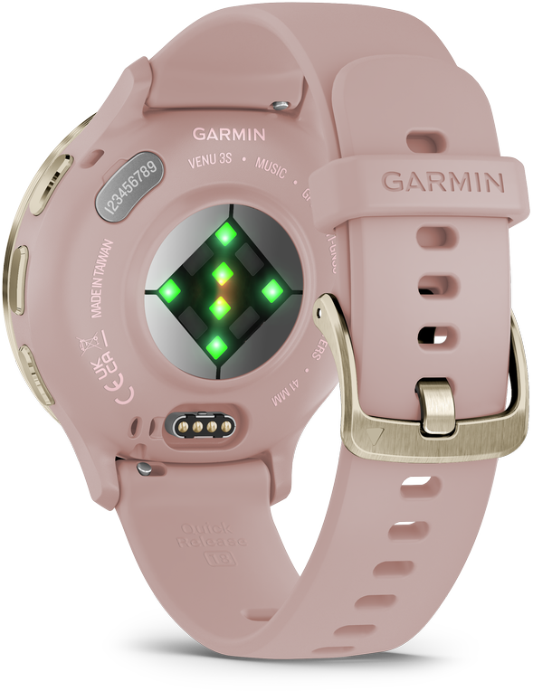 Išmanusis laikrodis Garmin Venu® 3S, Šviesaus aukso spalvos nerūdijančiojo plieno apvadas su pilkai rausvos spalvos korpusu ir silikoniniu dirželiu