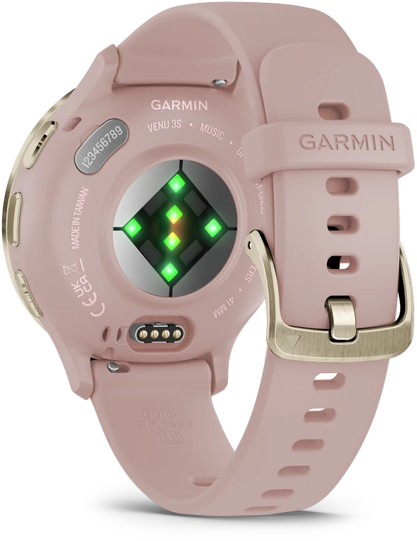 Išmanusis laikrodis Garmin Venu® 3S, Šviesaus aukso spalvos nerūdijančiojo plieno apvadas su pilkai rausvos spalvos korpusu ir silikoniniu dirželiu