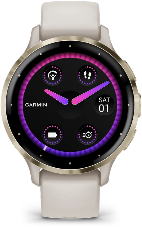 Išmanusis laikrodis Garmin Venu® 3S, Šviesaus aukso spalvos nerūdijančiojo plieno apvadas su dramblio kaulo spalvos korpusu ir silikoniniu dirželiu