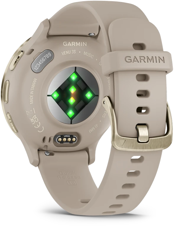 Išmanusis laikrodis GarminVenu® 3S, Šviesaus aukso spalvos nerūdijančiojo plieno apvadas su smėlio spalvos silikoniniu dirželiu