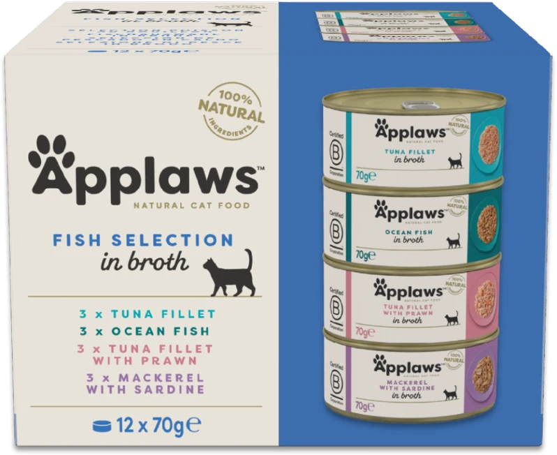 APPLAWS žuvis selekcinis daugiapakis sultinyje - šlapias kačių ėdalas - 12 x 70 g