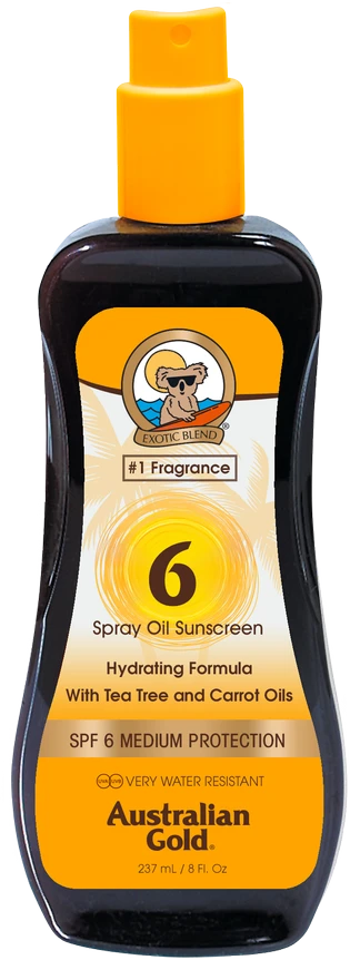 Australian Gold Sunscreen SPF6 Purškiklis Carrot Oil Formula Apsauginis purškiamas aliejus nuo saulės, 237 ml