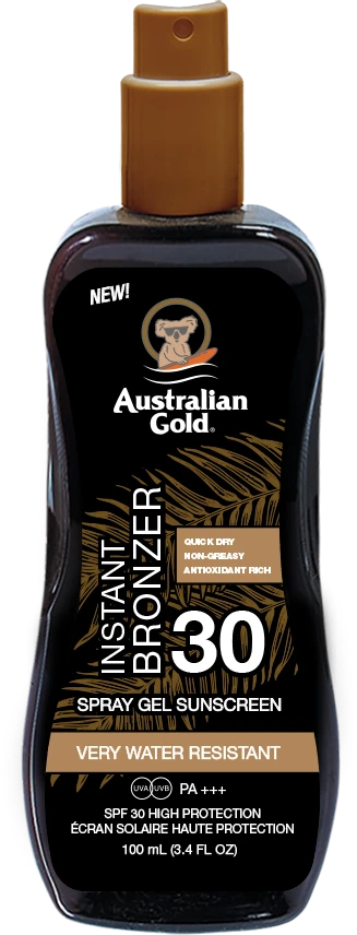 Australian Gold Purškiklis Gel Sunscreen SPF30 Apsauginis purškiamas pienelis nuo saulės su bronzantais, 100 ml
