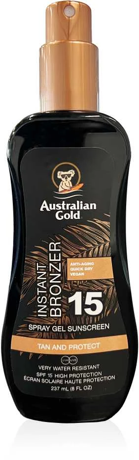 Australian Gold Spray Gel Sunscreen SPF15 Apsauginis purškiamas pienelis nuo saulės su bronzantais, 237 ml