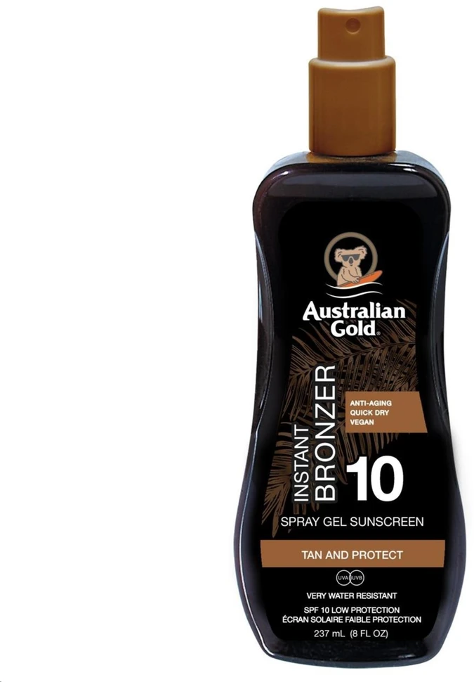 Australian Gold Purškiklis Gel Sunscreen SPF10 Apsauginis purškiamas pienelis nuo saulės su bronzantais, 100 ml