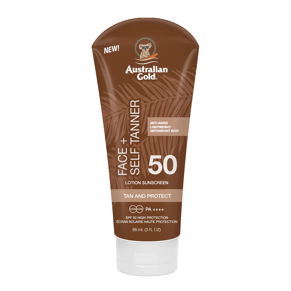 S„Australian Gold Face+ Self Tanner“ savaiminio įdegio losjonas nuo saulės su SPF50, 88 ml