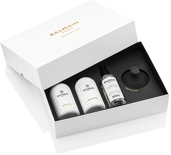 Rinkinys Balmain: Drėkinamasis volume plaukų šampūnas, 300 ml + Drėkinamasis volume plaukų kondicionierius, 300 ml + Volume plaukų lakas kondicionierius, 200 ml + Balmain galvos odai