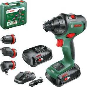 Bosch AdvancedDrill 18 2x 2,5 Ah baterija / įkroviklis / dėklas / kampas ir ekscentrinis priedas