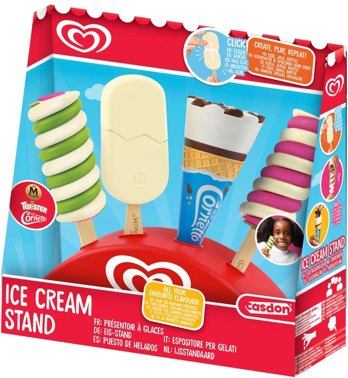 Rinkinys 4 zabawkowe lody na podstawce ekspozytor Twister Cornetto Magnum Algida Casdon
