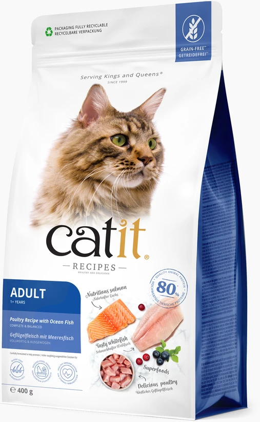 Catit - Receptai Premium sausas kačių maistas - suaugusioms žuvims - 400 gramų, geriausias iki 2026 m. gegužės 31 d.