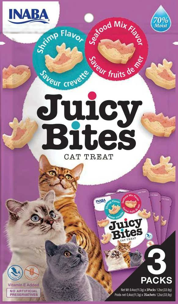 INABA Juicy Bites krevetės ir jūros gėrybės - skanėstai katėms - 3x11,3 g
