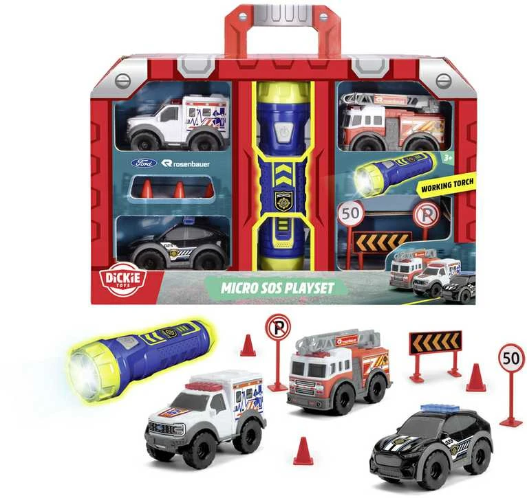 Simba Mini gelbėjimo transporto priemonių priedai + žibintuvėlis „Micro Sos“ žaidimų rinkinys