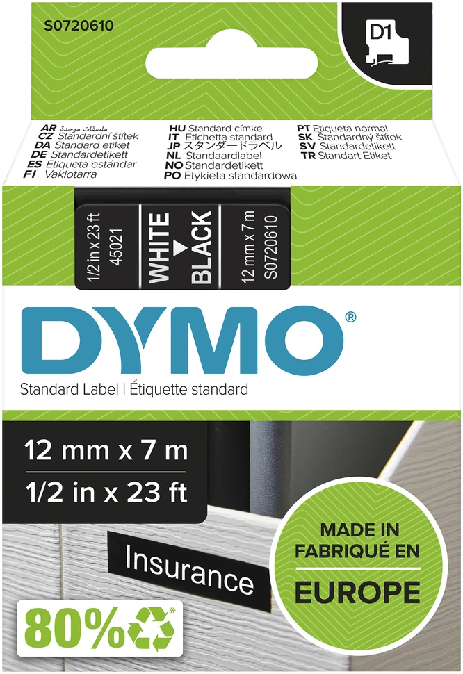 Juostelė DYMO D1 12mm x 7m, vinilinė, balta ant juodo / S0720610 45021