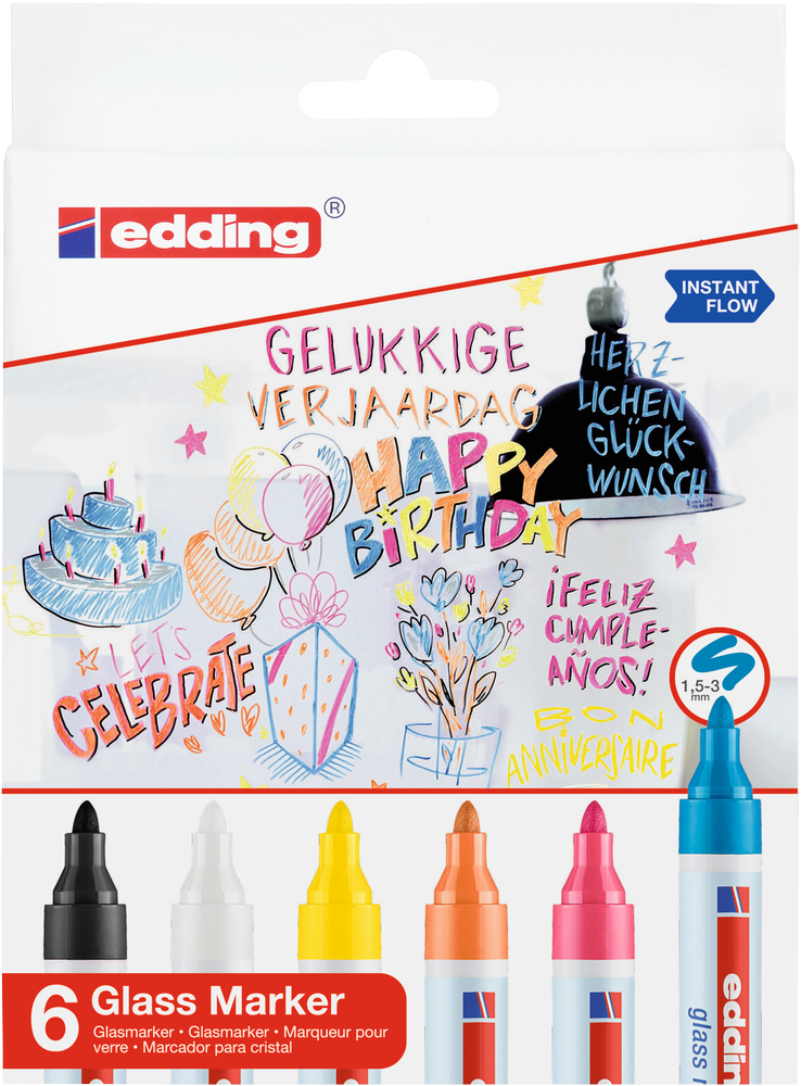 Edding Marker stiklo paviršiams E-95 EDDING, 1,5-3 mm, 6 vnt., spalvų derinys