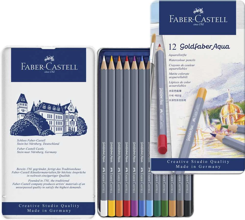 Spalvoti akvareliniai pieštukai Faber-Castell Goldfaber Aqua Creative Studio, 12 spalvų, metalinėje dėžutėje