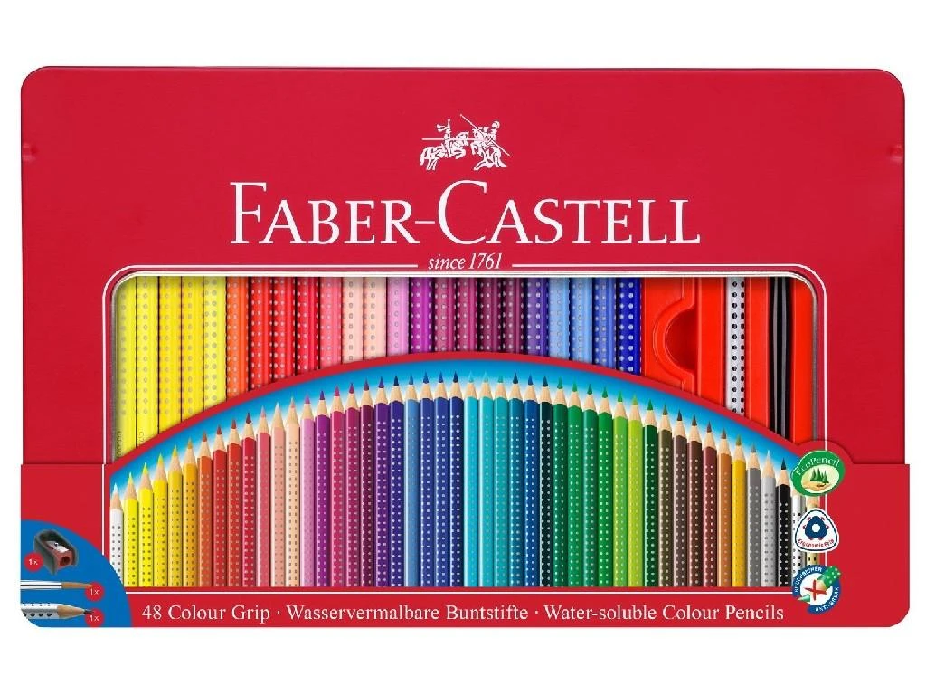 Spalvoti pieštukai Faber-Castell Grip, 48 spalvų, metalinėje dėžutėje