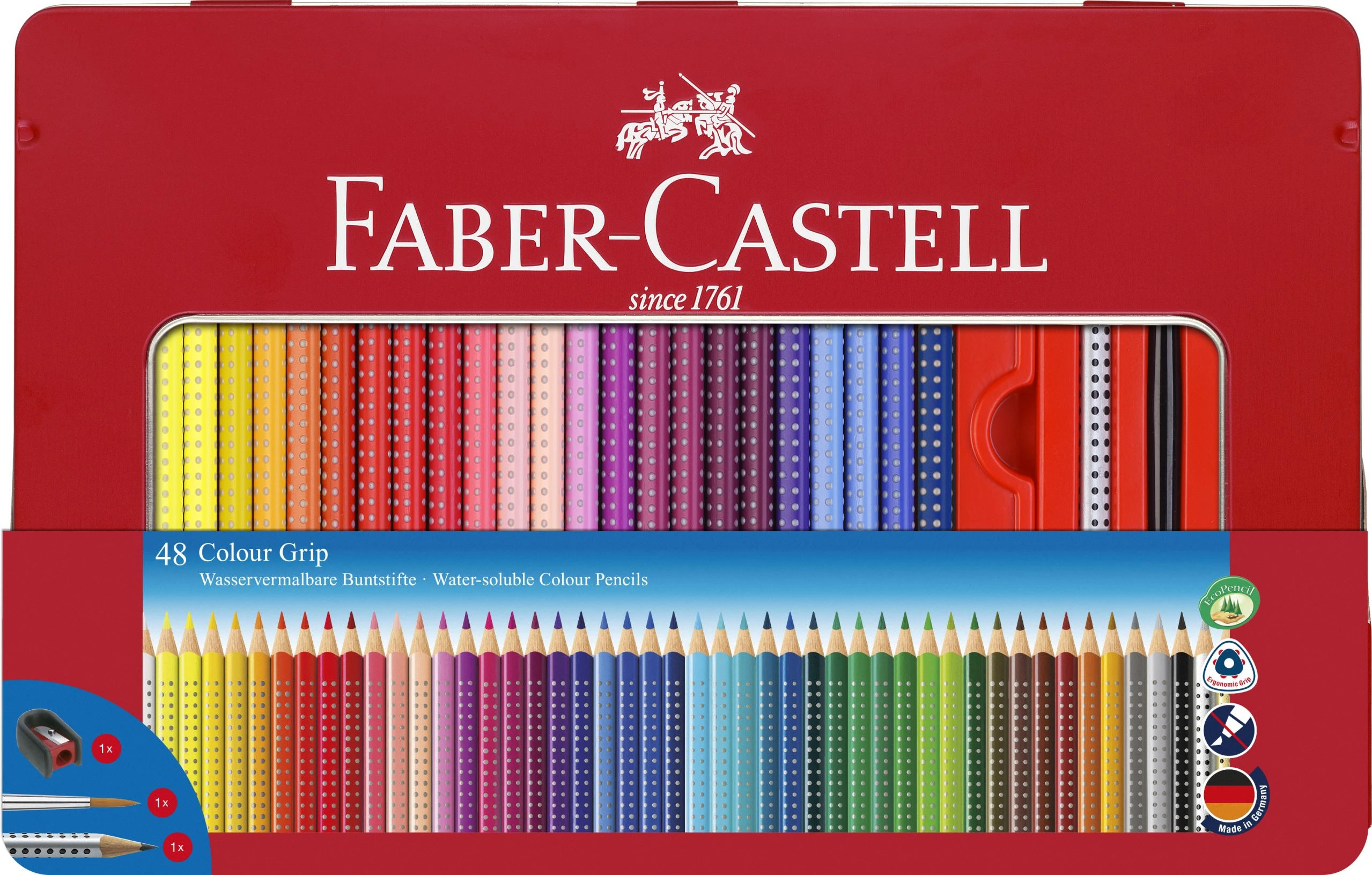 Spalvoti pieštukai Faber-Castell Grip, 48 spalvų, metalinėje dėžutėje