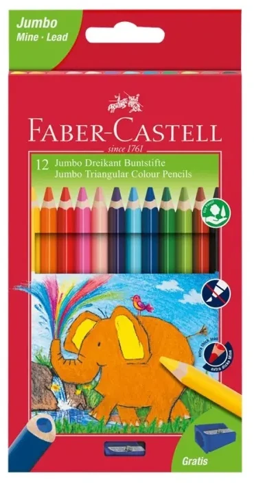 Spalvoti pieštukai Faber-Castell Jumbo, Tribriauniai, 12 spalvų