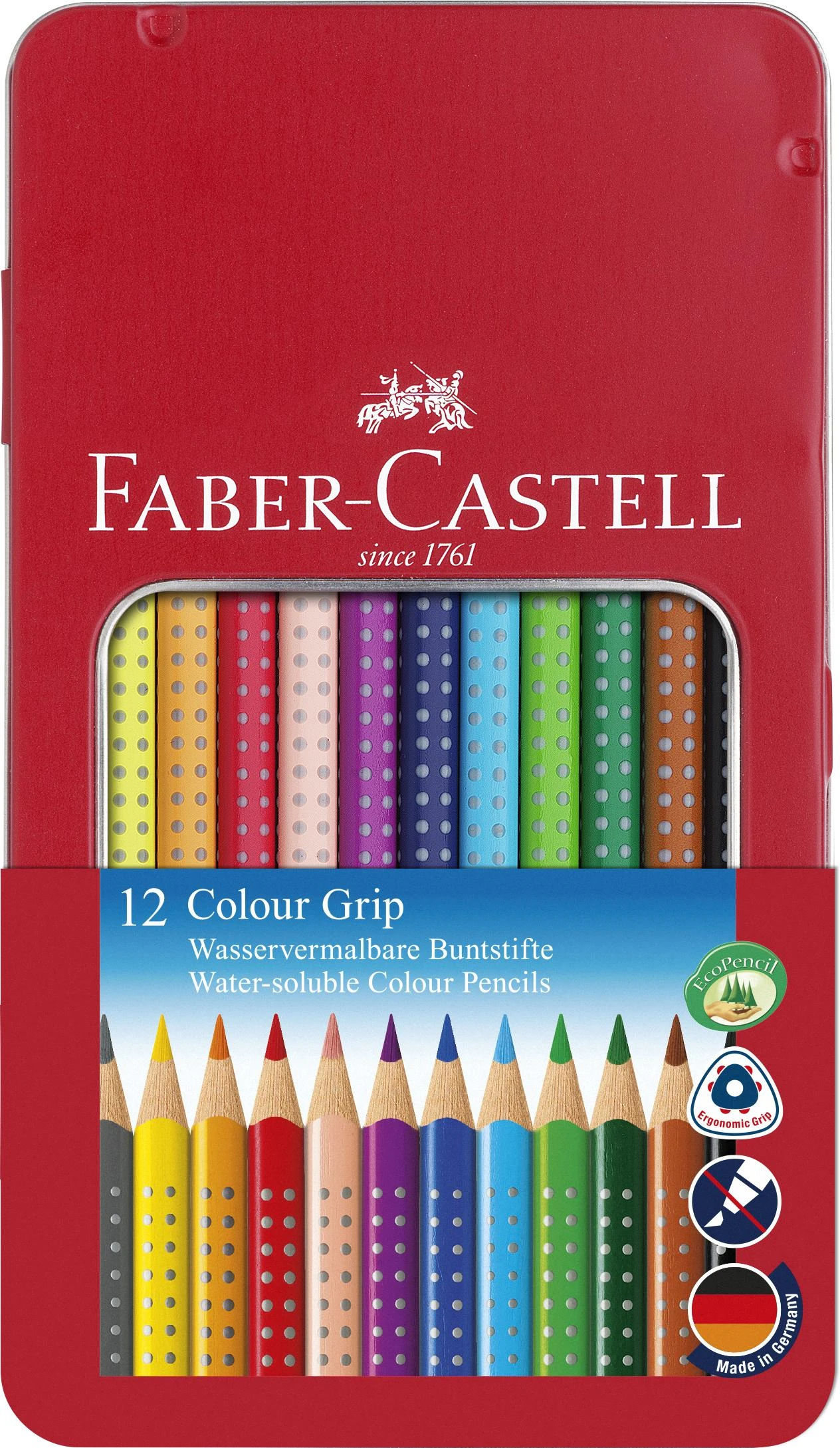 Spalvoti pieštukai Faber-Castell Grip, tribriauniai, 12 spalvų, metalinėje dėžutėje