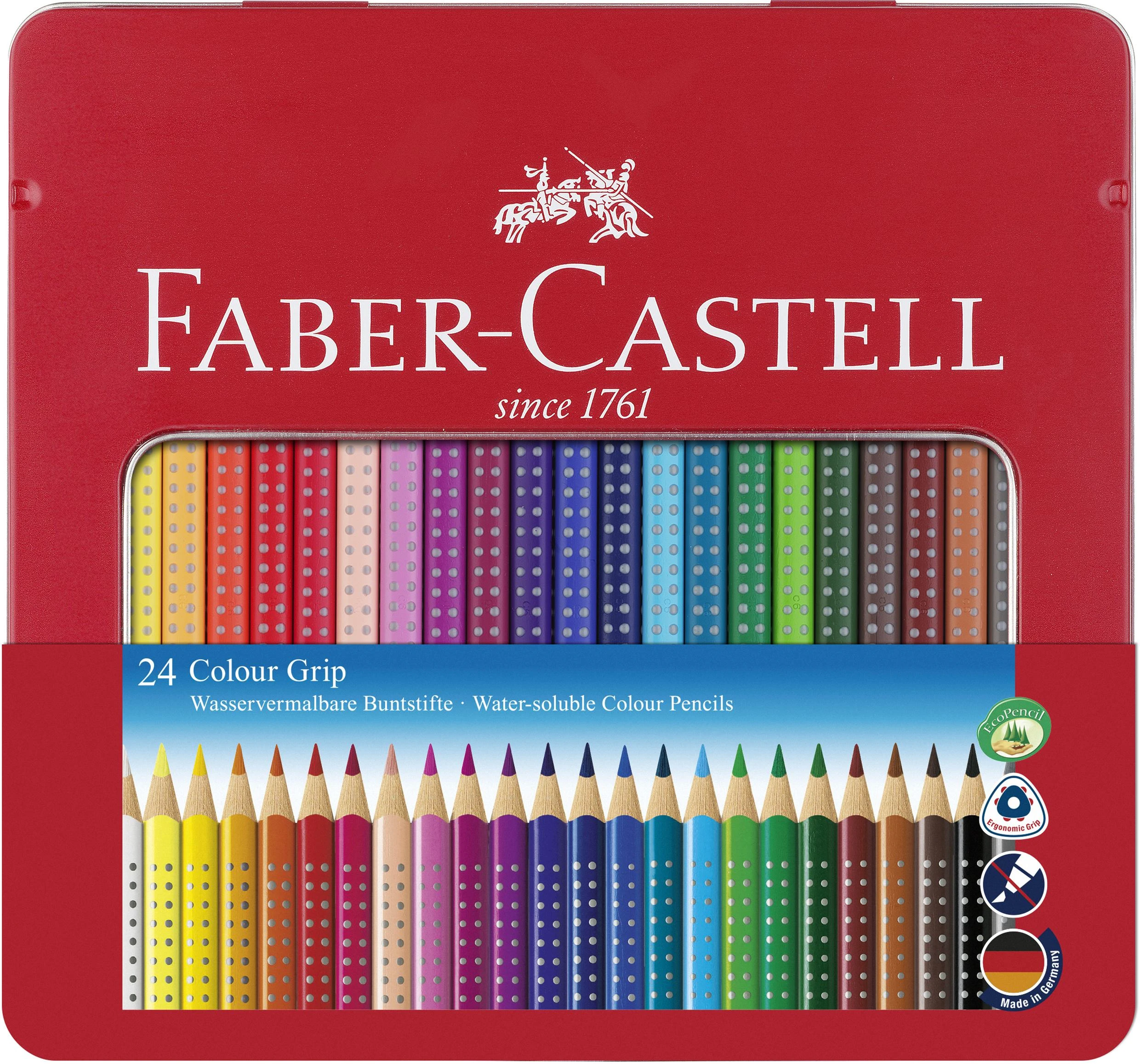Spalvoti akvareliniai pieštukai Faber-Castell GRIP 2001, tribriauniai, 24 spalvų, metalinėje dežutėje