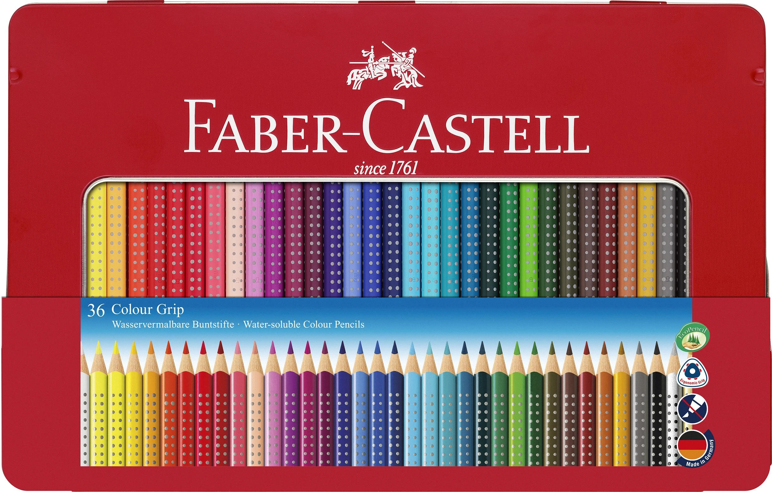 Spalvoti pieštukai Faber-Castell GRIP 2001, 36 spalvų, metalinėje dėžutėje
