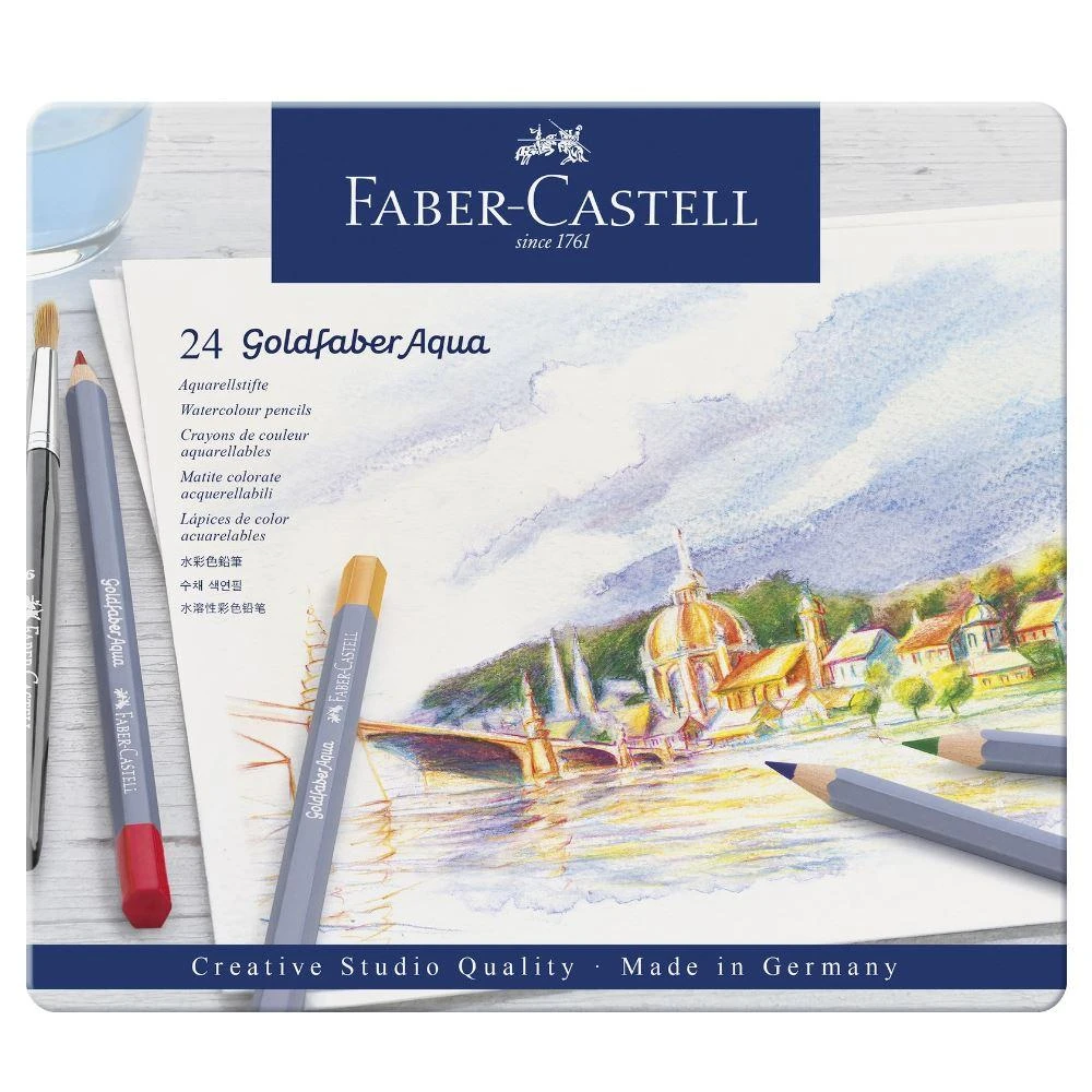 Spalvoti akvareliniai pieštukai Faber-Castell Goldfaber Aqua Creative Studio, 24 spalvų, metalinėje dėžutėje