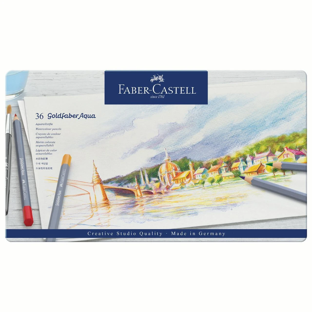 Spalvoti akvareliniai pieštukai Faber-Castell Goldfaber Aqua Creative Studio, 36 spalvų, metalinėje dėžutėje