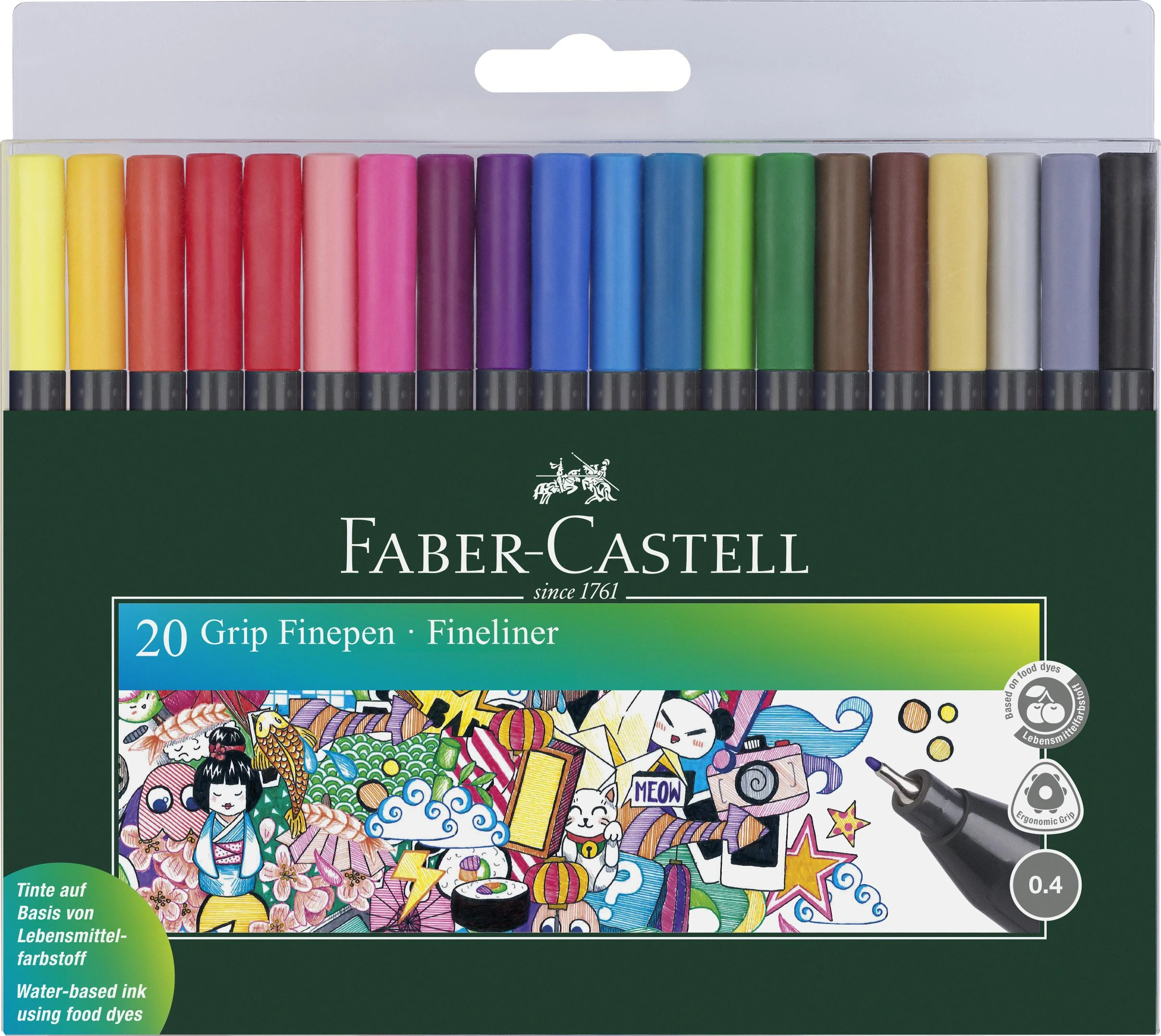 Faber-Castell Rašiklių Faber-Castel GRIP Finepen, 0.4mm, rinkinys, 20 vnt, dėžutėje