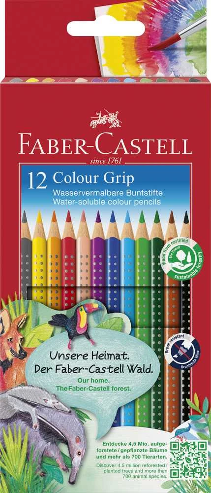 Spalvoti akvareliniai pieštukai Faber-Castell Grip, tribriauniai, 12 spalvų