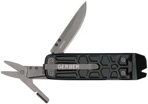 Gerber - daugiafunkcis įrankis su 7 funkcijomis, peilis su lygiu ašmeniu ir diržo segtuku, fiksuojamas plonas smeigtukas, ketaus