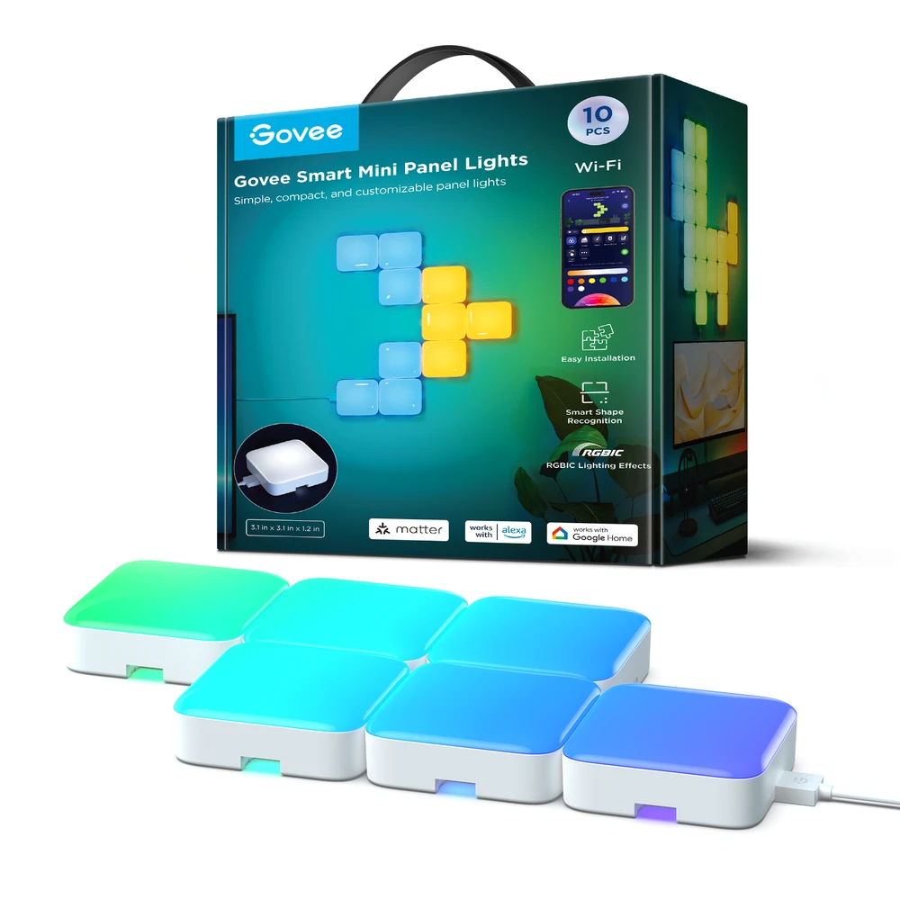 Lubinis šviestuvas Govee Mini Panel Lights (10 vnt.), RGBIC, Wi-Fi + Bluetooth LED panelės
