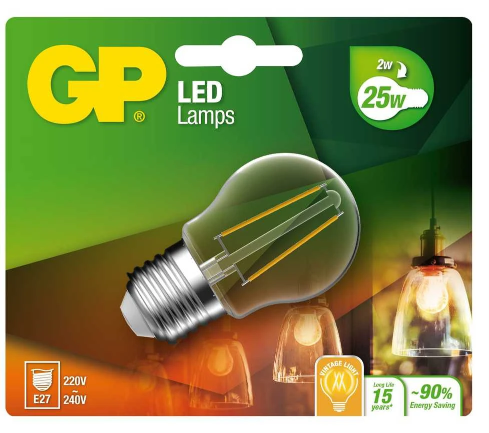 GP - LED lemputė su gijos formos mini gaubtu, E27, 2W (25W), 250lm