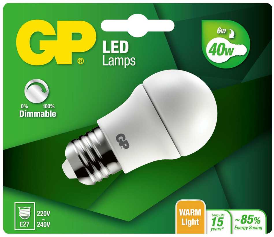 GP - LED lemputė, mini rutulinė, E27, DIM, 6W (40W), 470lm,