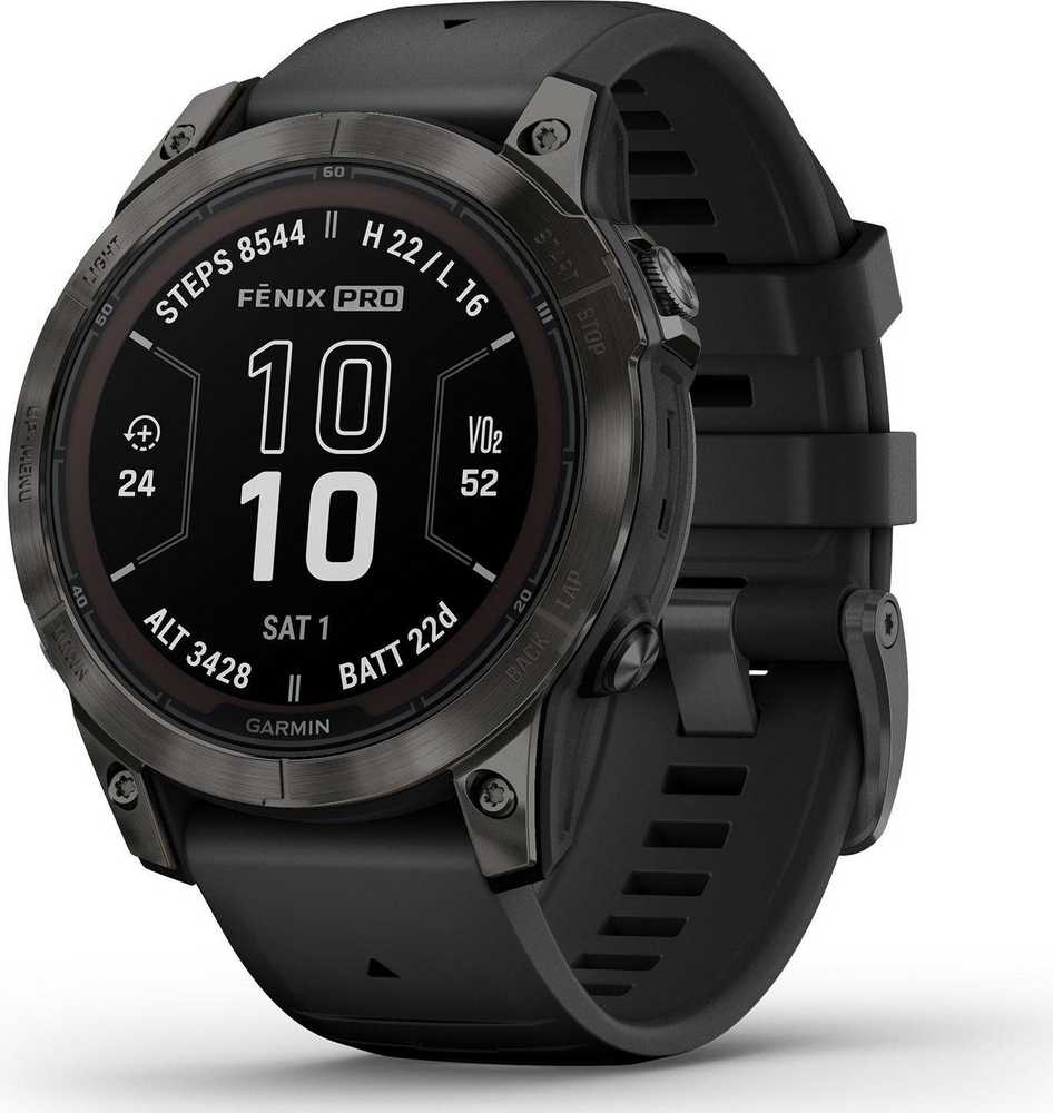 Išmanusis laikrodis Garmin fēnix® 7 Pro – Sapphire Solar Edition Pilkos anglies spalvos DLC titanas, su juodu dirželiu