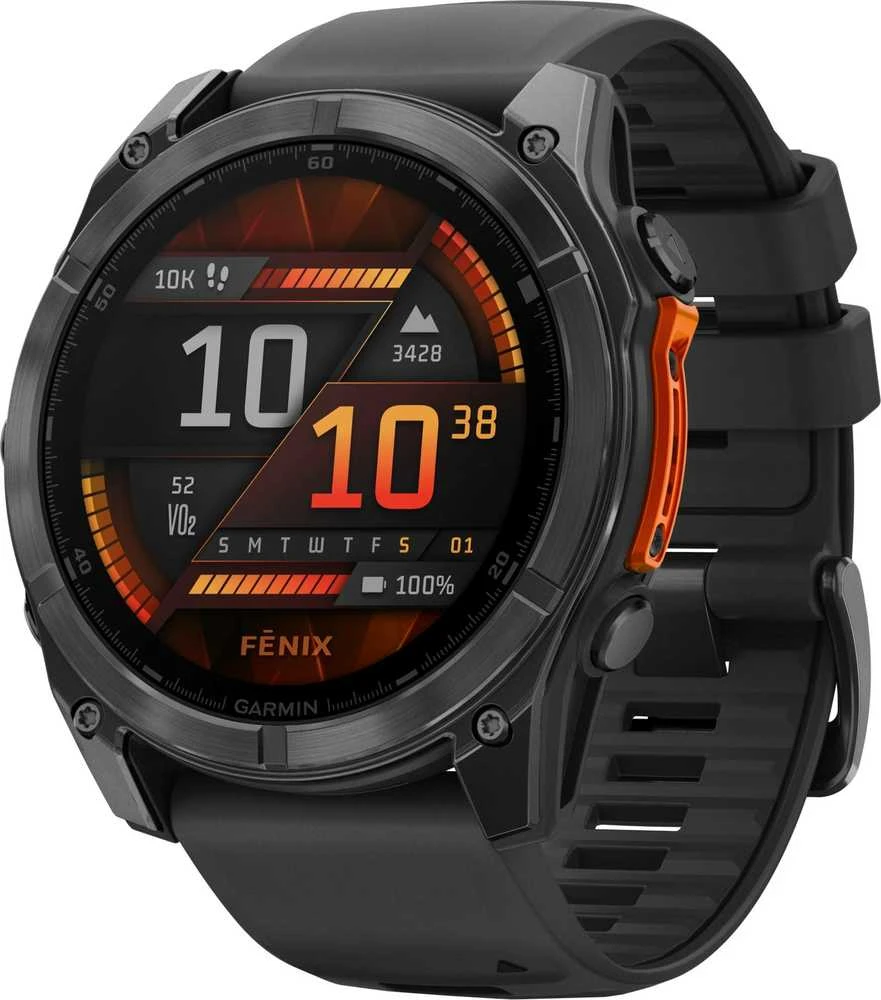 Išmanusis laikrodis Garmin Fenix 8 – 51 mm, AMOLED Sapphire, Iš titano su oranžiniu / grafito spalvos silikoniniu dirželiu