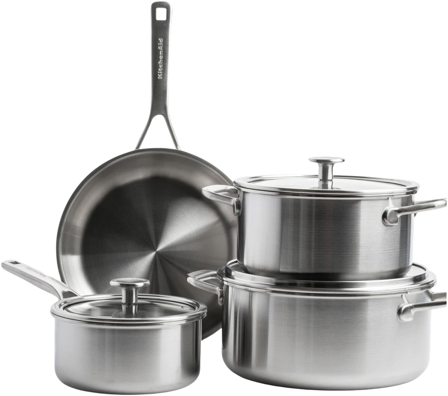 KitchenAid - „Multiply“ 4(7) dalių rinkinys be dangčio: puodas 16 cm / 1,5 l su dangčiu, troškintuvas 20 cm / 3,11 l su dangčiu, troškintuvas 24 cm / 4,91 l su dangčiu, keptuvė 24 cm - sidabrinė